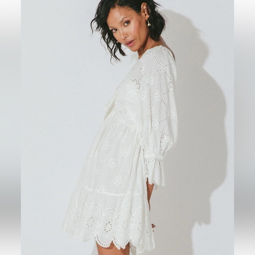 Cleobella Leona Mini Dress - Ivory S Eyelet Smocked Ruffle - Picture 12 of 12